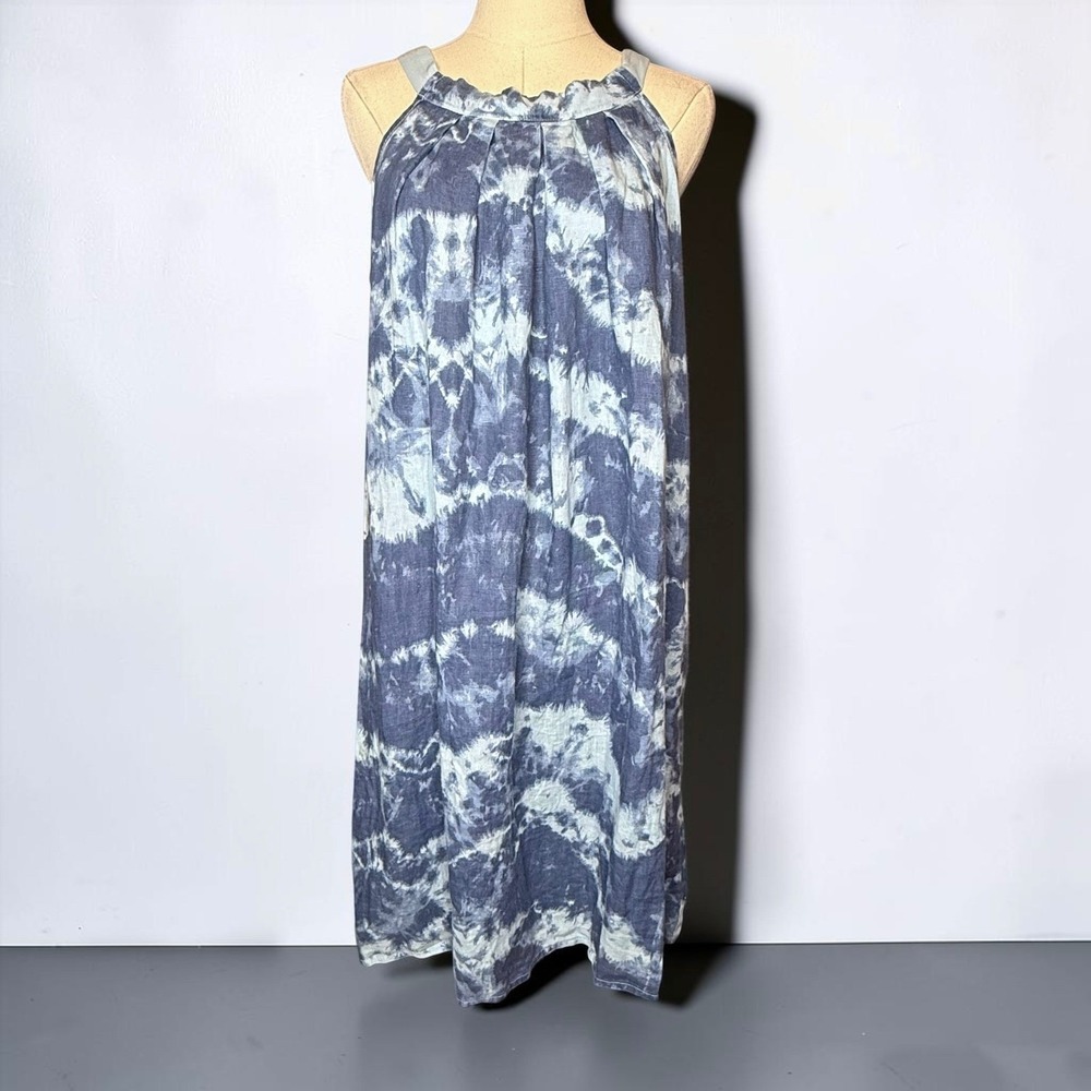 Bellambra Linen Halter A-Line Dress Resort Wear Lagenlook Boho Tie Dye Blue sz L